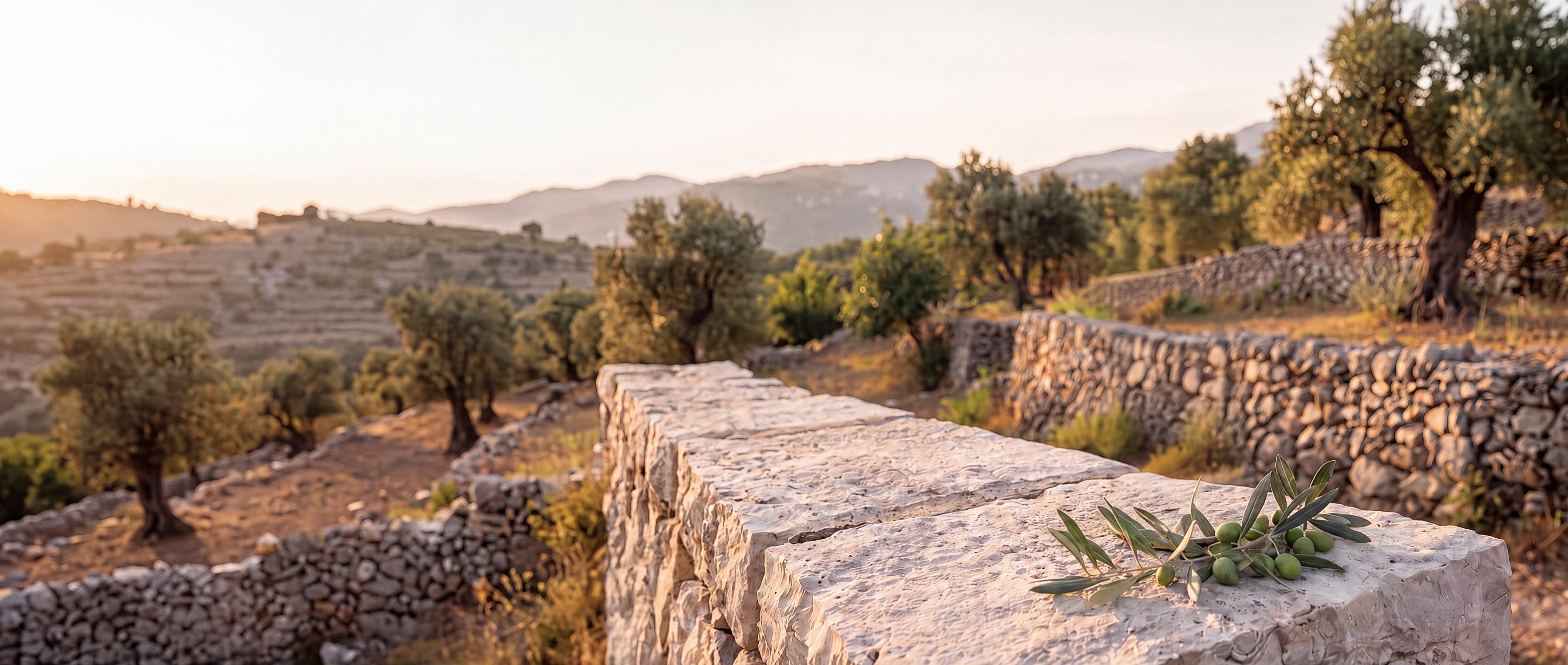 An olive branch with green olives on a dry-stone wall, above terraced olive groves at sunset