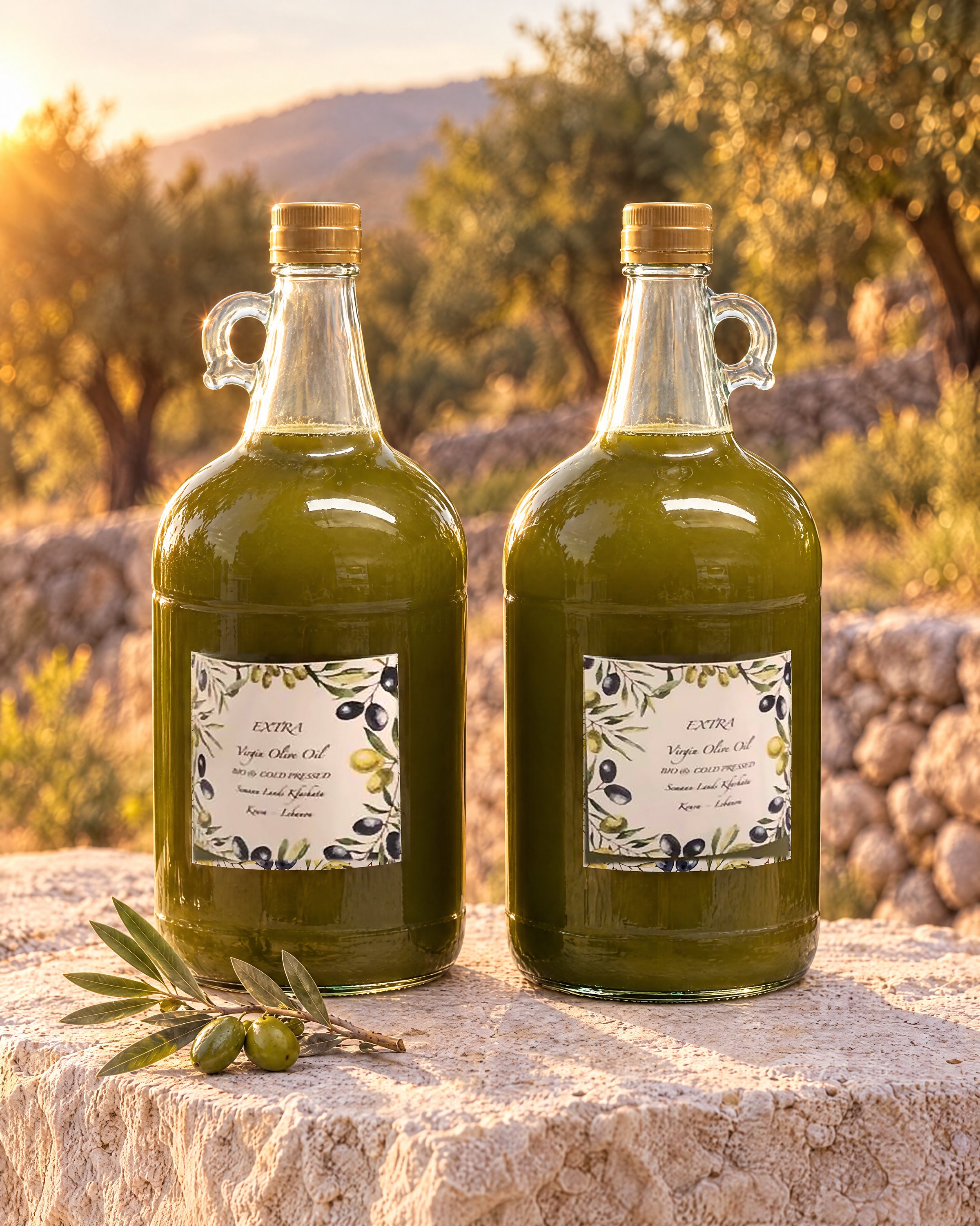 A studio photo of two glass jugs of our cloudy green new oil with their labels, on a limestone block